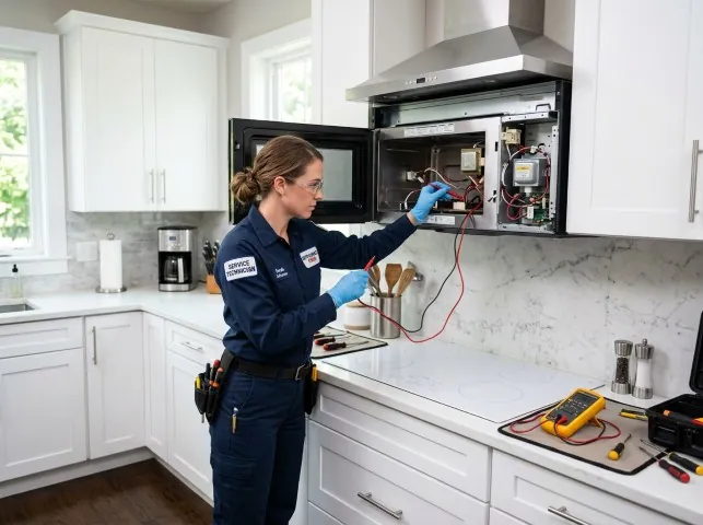 Appliance Repair Hero technician testing an over-the-range microwave in a Arabi, LA kitchen